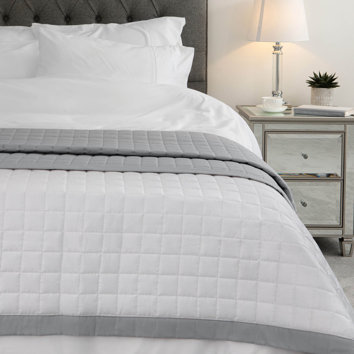 Egyptian Cotton Quilted Bed Throw, Grey & White