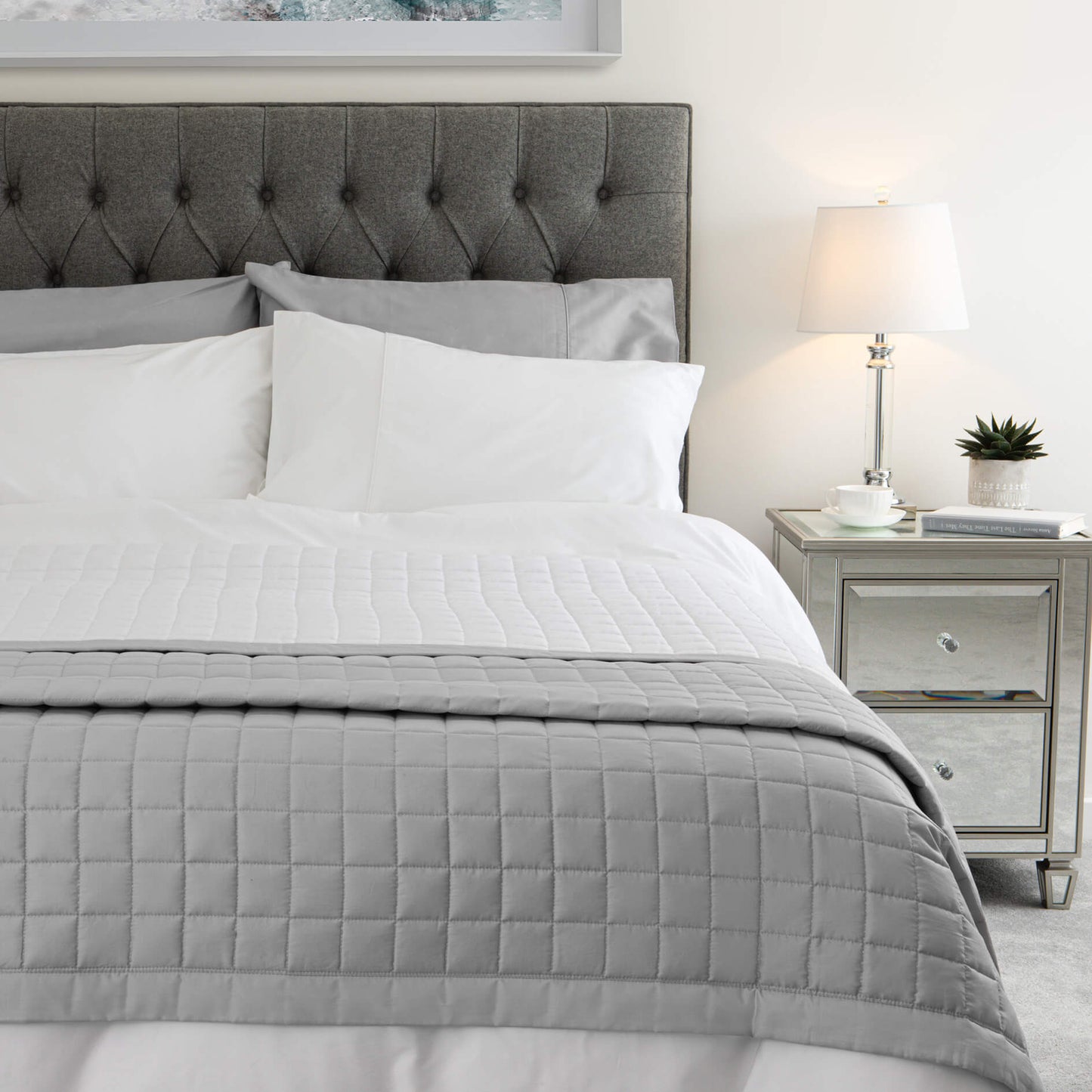 Egyptian Cotton Quilted Bed Throw, Grey & White