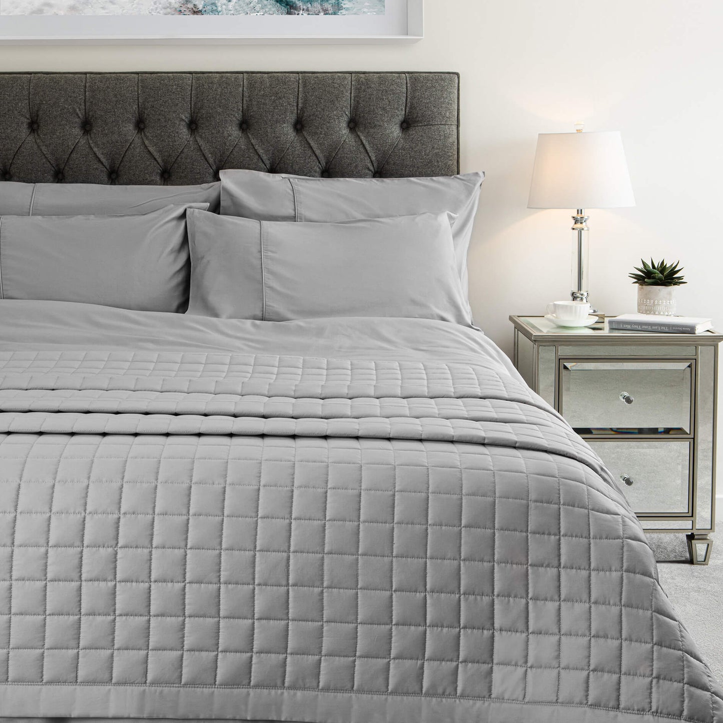 Egyptian Cotton Quilted Bed Throw, Grey & White