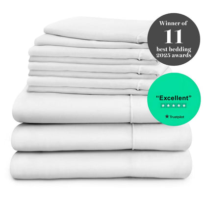 Egyptian Cotton 500 Thread Count Sateen Luxury Duvet Cover and 40cm Deep Fitted Sheet Set With Four Standard Pillowcases, Pure White