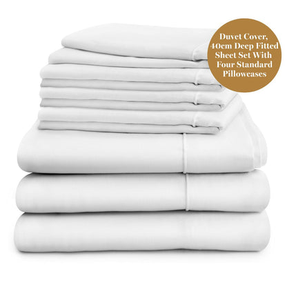 Egyptian Cotton 500 Thread Count Sateen Luxury Duvet Cover and 40cm Deep Fitted Sheet Set With Four Standard Pillowcases, Pure White