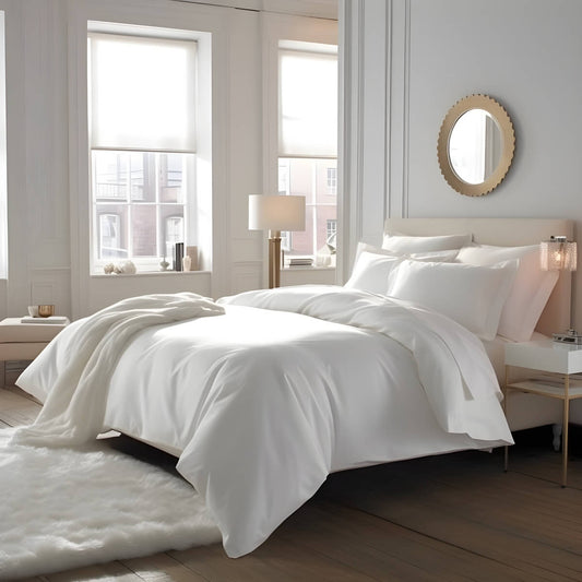 Egyptian Cotton 500 Thread Count Sateen Luxury Duvet Cover and 40cm Deep Fitted Sheet Set With Four Standard Pillowcases, Pure White