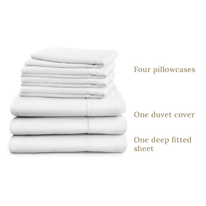 Egyptian Cotton 500 Thread Count Sateen Luxury Duvet Cover and 40cm Deep Fitted Sheet Set With Four Standard Pillowcases, Pure White