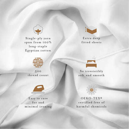 Egyptian Cotton 500 Thread Count Sateen Luxury Duvet Cover and 40cm Deep Fitted Sheet Set With Four Standard Pillowcases, Pure White