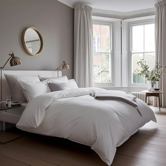 Egyptian Cotton 500 Thread Count Sateen Luxury Duvet Cover With 40cm Deep Fitted Sheet, Flat Sheet and Four Standard Pillowcases, Pure White