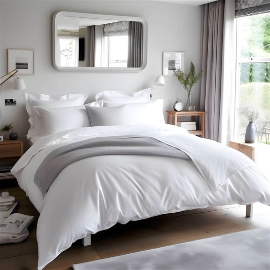 Egyptian Cotton 500 Thread Count Sateen Luxury Duvet Cover With 40cm Deep Fitted Sheet, Flat Sheet and Two Standard Pillowcases, Pure White